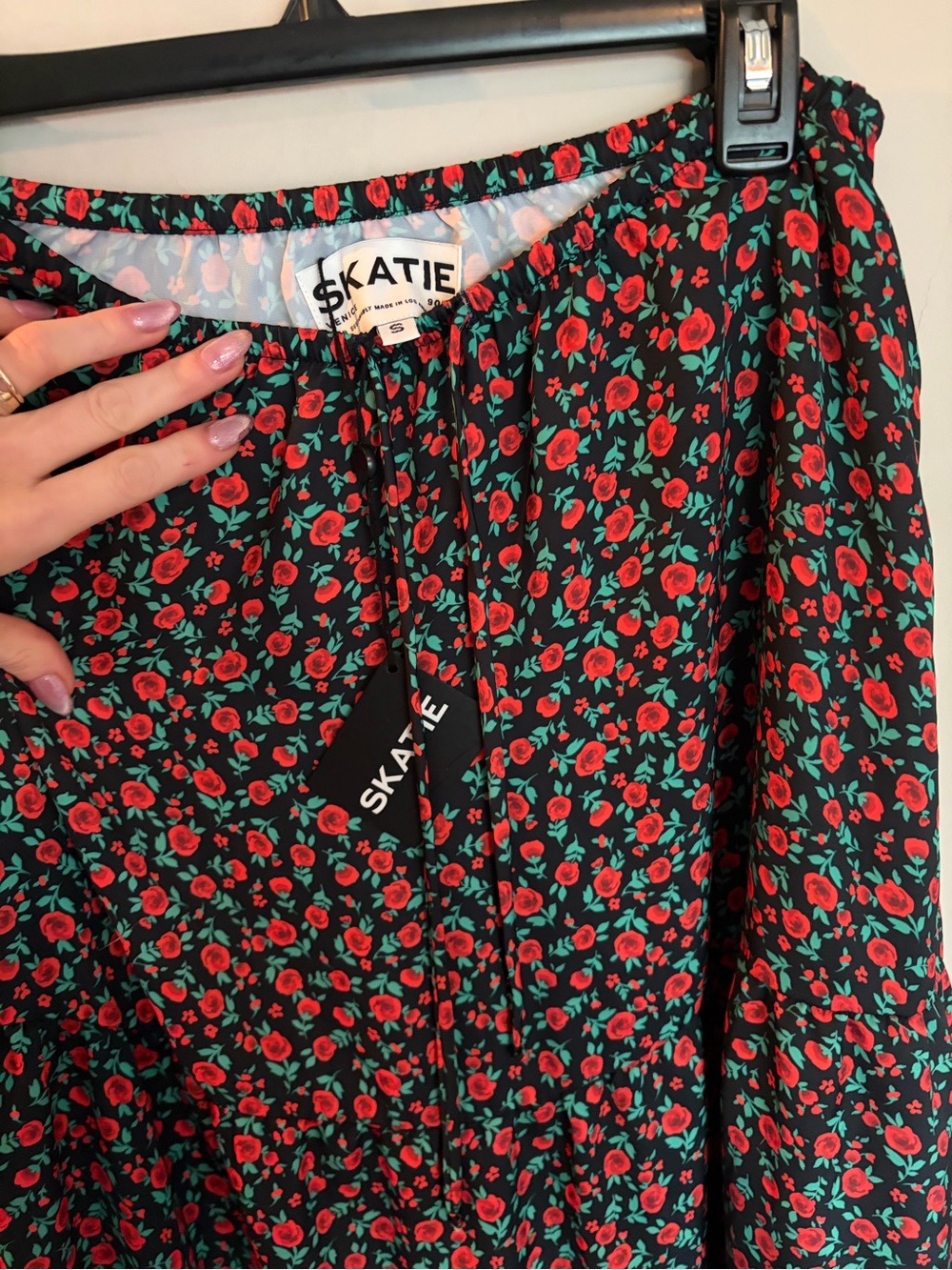 Skatie Black Maxi Skirt with Red Rose & Green Leaf Print